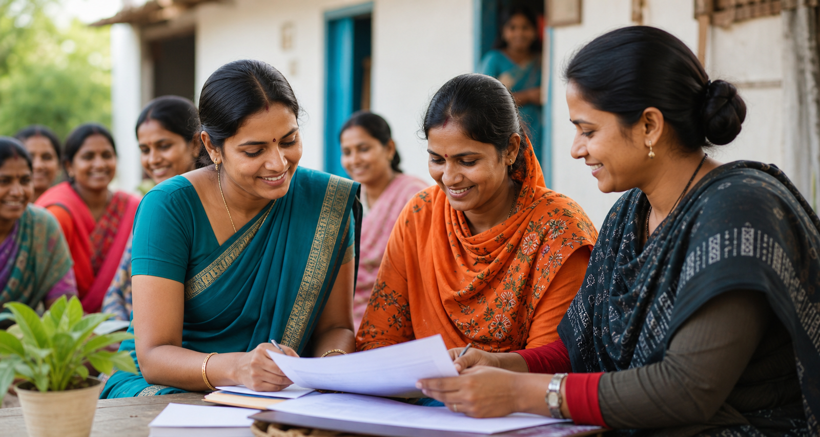 Women discussing community support documents